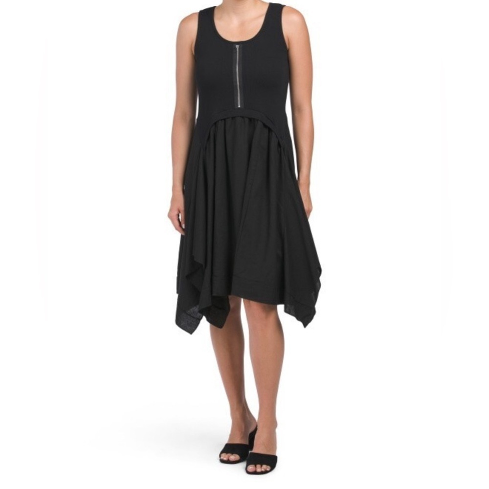 For Cynthia Linen Front Zip Handkerchief Hem Dress Black Lagenlook Size XS